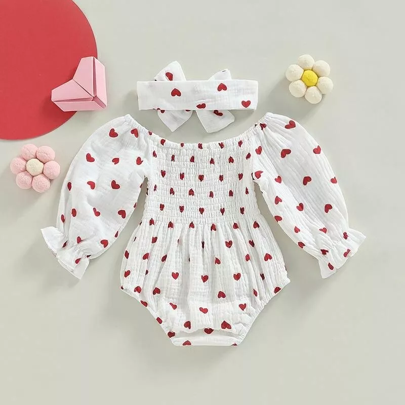 Newborn Baby Girls Romper Heart Print Long Sleeve Jumpsuits Infant Spring Autumn Clothes Jumpsuit with Headband