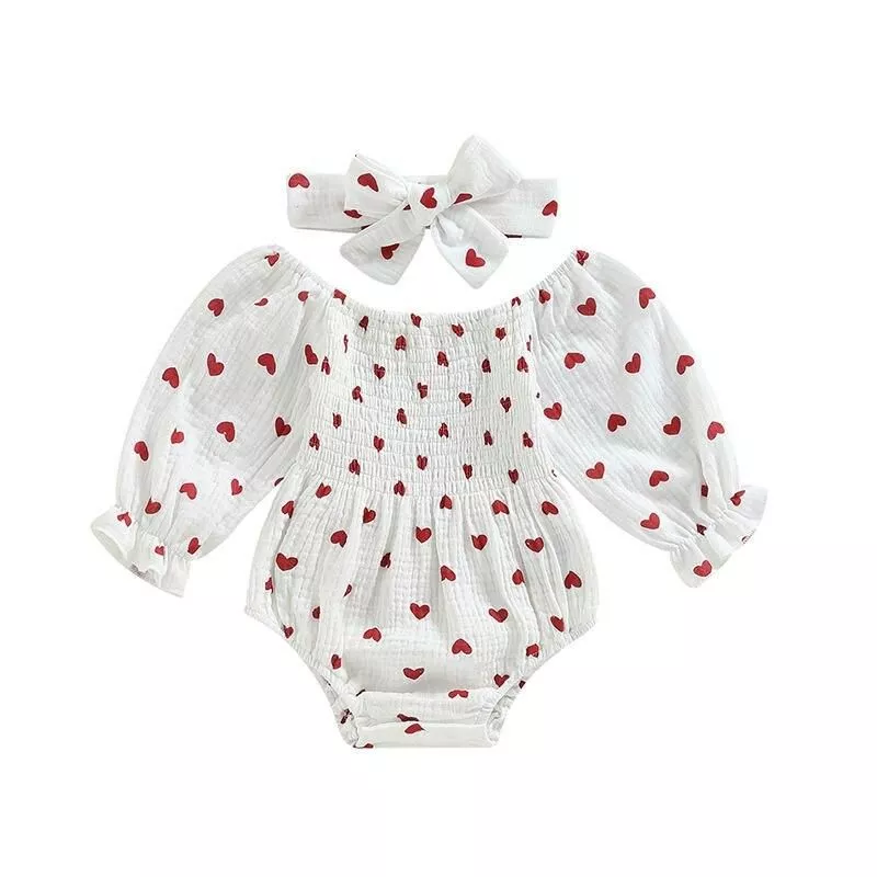 Newborn Baby Girls Romper Heart Print Long Sleeve Jumpsuits Infant Spring Autumn Clothes Jumpsuit with Headband