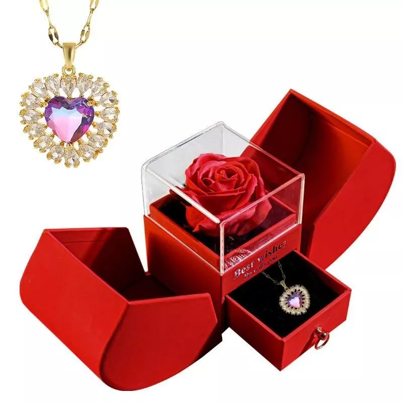 Gift for Women Eternal Rose Gift Box /w Heart Necklace I Love You To The Moon and Back Flower Jewelry Box for Valentine Wedding